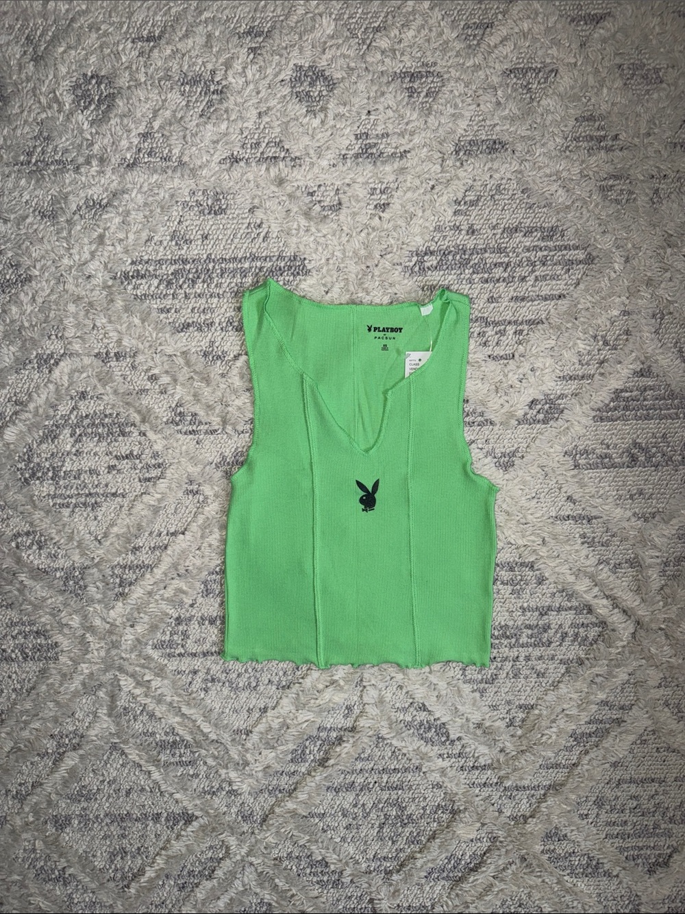 PacSun Neon Green Ribbed V-Neck Tank with Bunny Logo